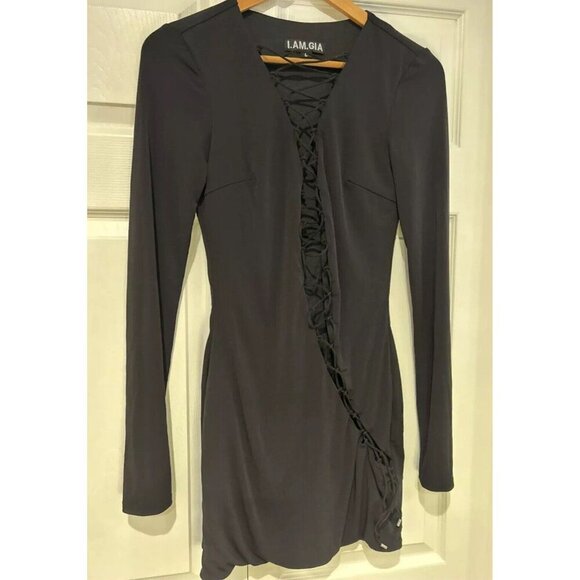 I.AM.GIA‎ Womens Dress L Black Long Sleeve Mini  Lace Up Front Party Cocktail - Picture 3 of 9